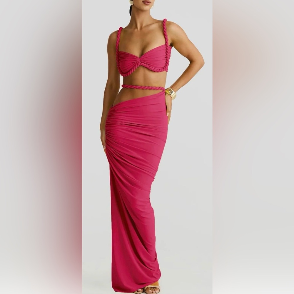 Chic Pink Crop Top and Skirt Set with Rope Straps
